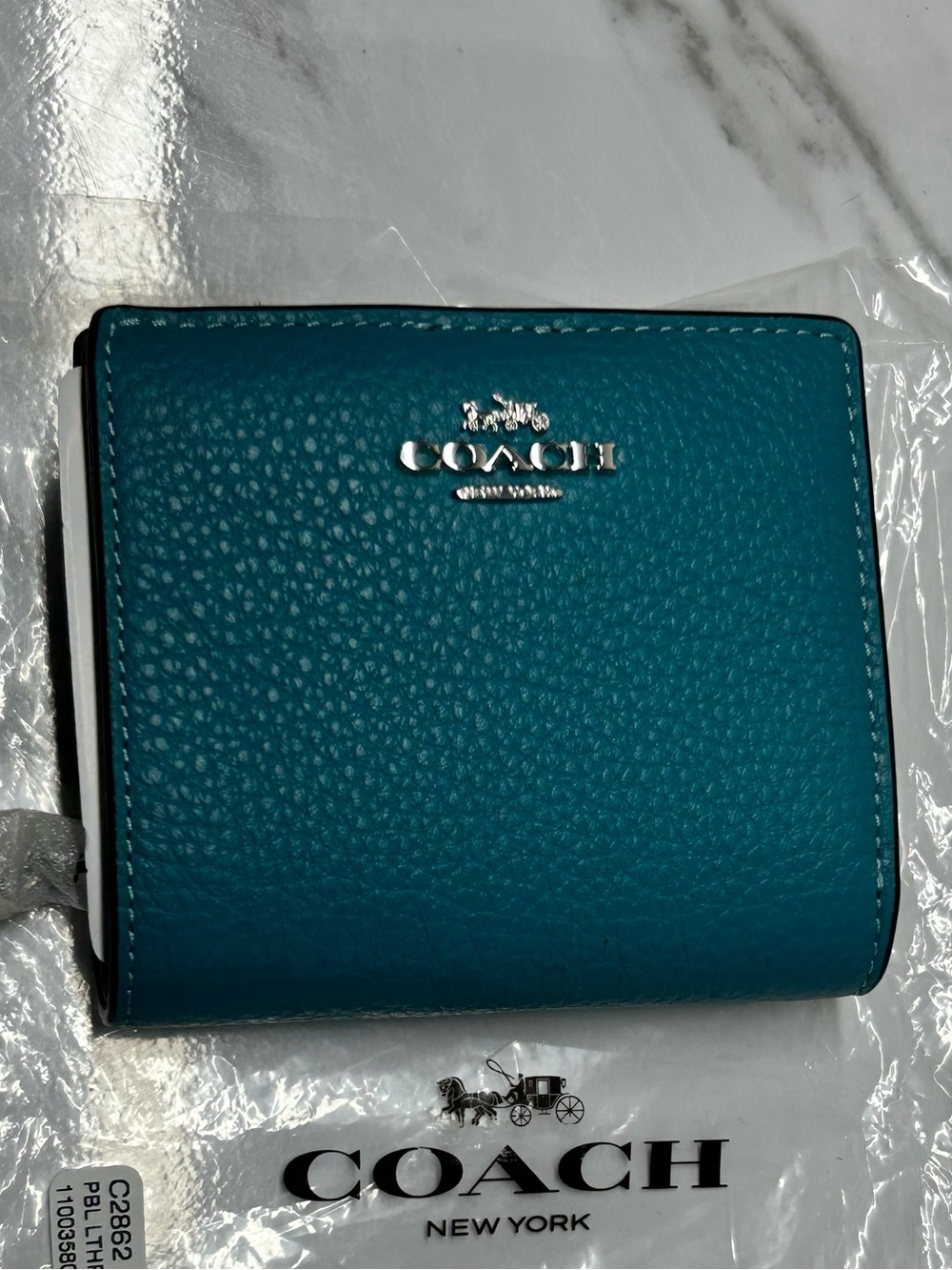 Coach Snap Card Case Wallet Teal Blue Leather With C Charm NWT  *AUTHENTIC*